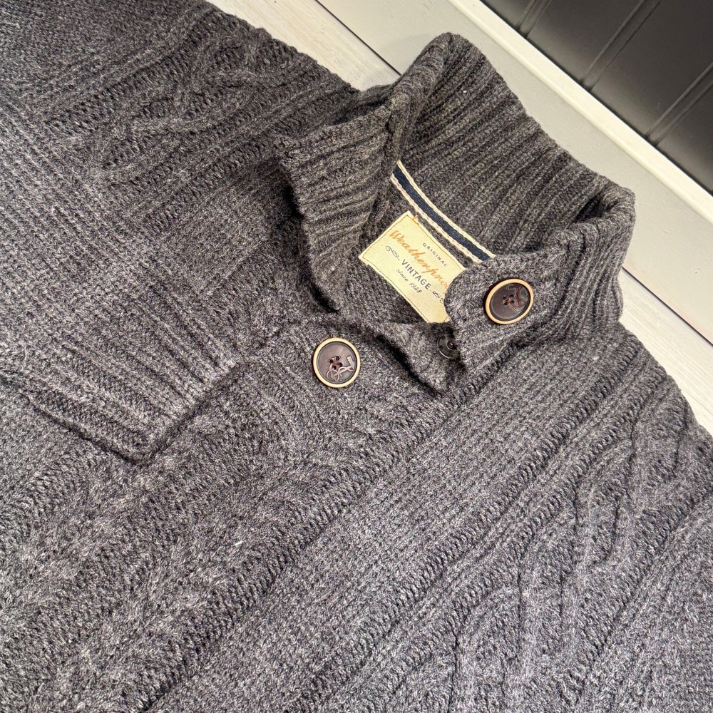 Weatherproof Vintage Mens Sz M Fisherman Cable Knit Sweater Grey 1/4 Button‎